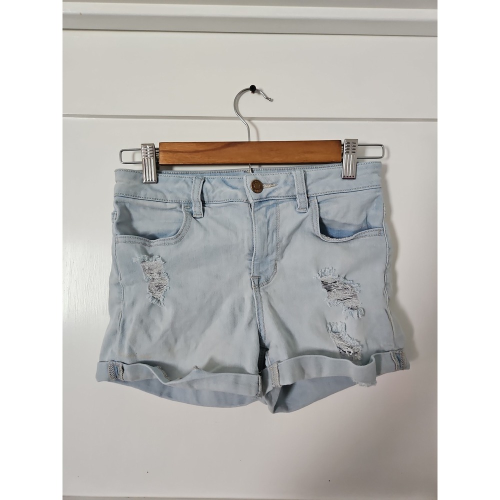 PacSun Super Stretch Shortie Denim Shorts Light Wash Distressed Size 25
